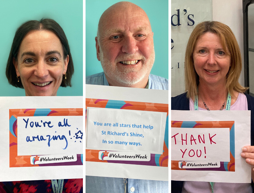 A collage of three images, side-by-side. Each image is of a hospice staff member smiling and holding a sign saying thank you to the hospice's volunteers.