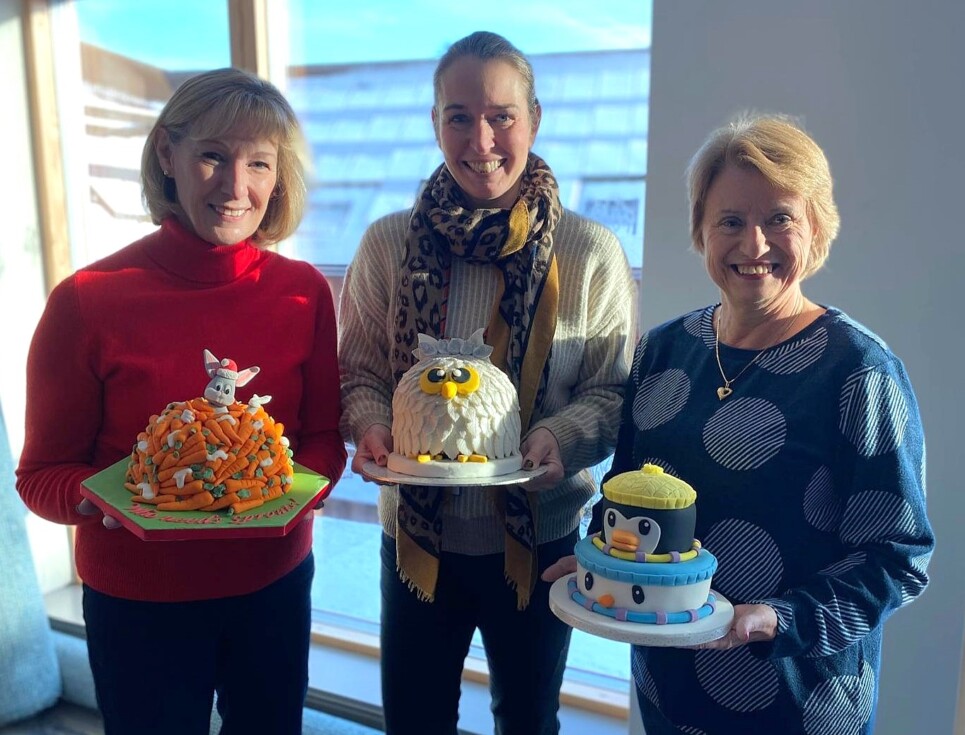 Three people stand together in a room at the hospice holding three artistically decorated Christmas cakes.